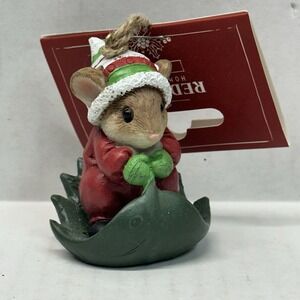 Vintage‎ Red Shed Ceramic Mouse Sledding Santa Hat Christmas Ornament New